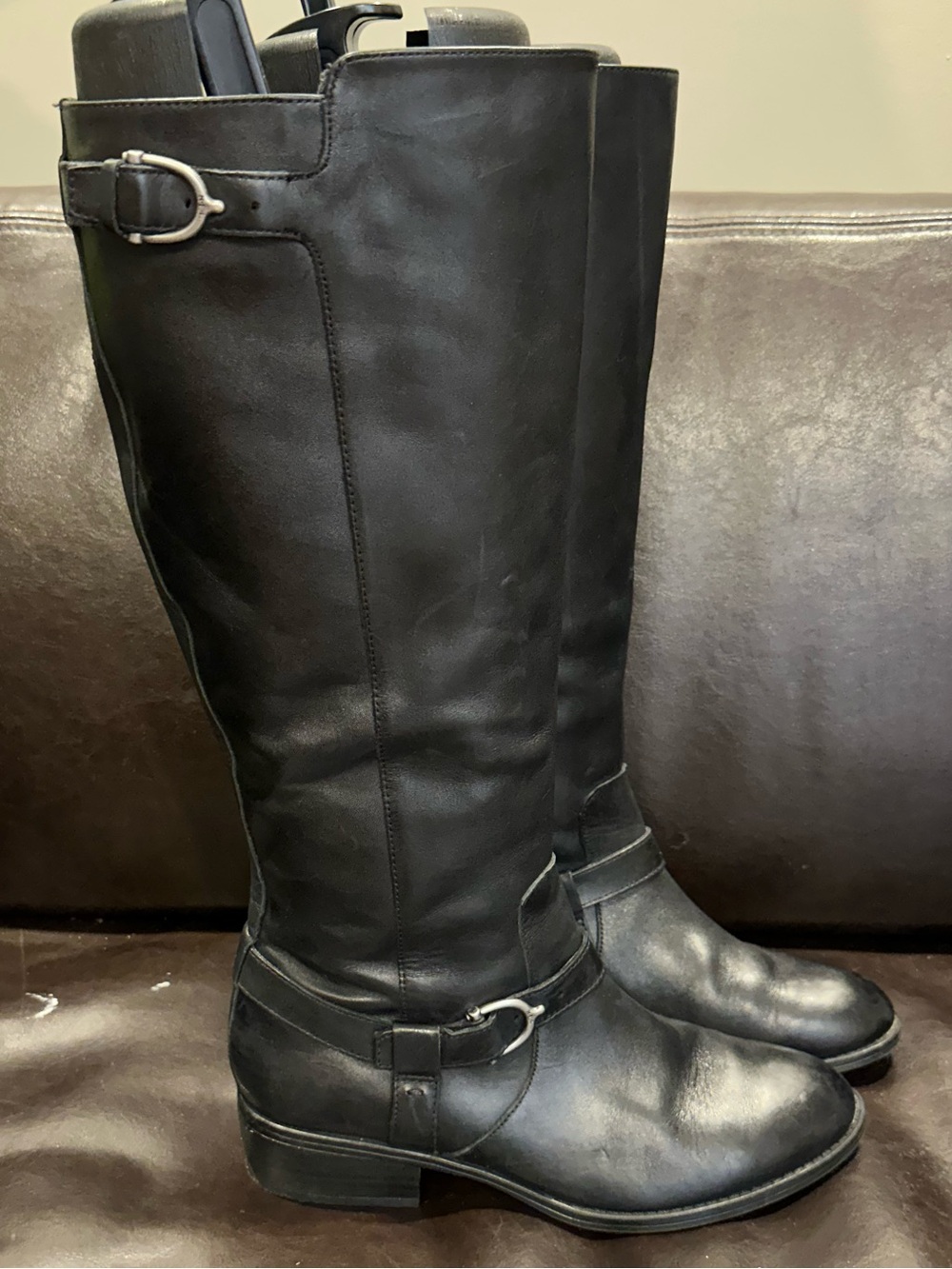 LRL Margarite Black Leather Knee High Riding Boots 7.5B Buckle Zip
